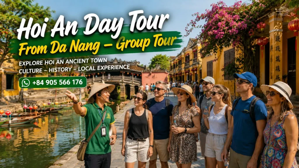 Tour guide welcoming tourists at Da Nang International Airport before joining the Hoi An Day Tour From Da Nang group tour