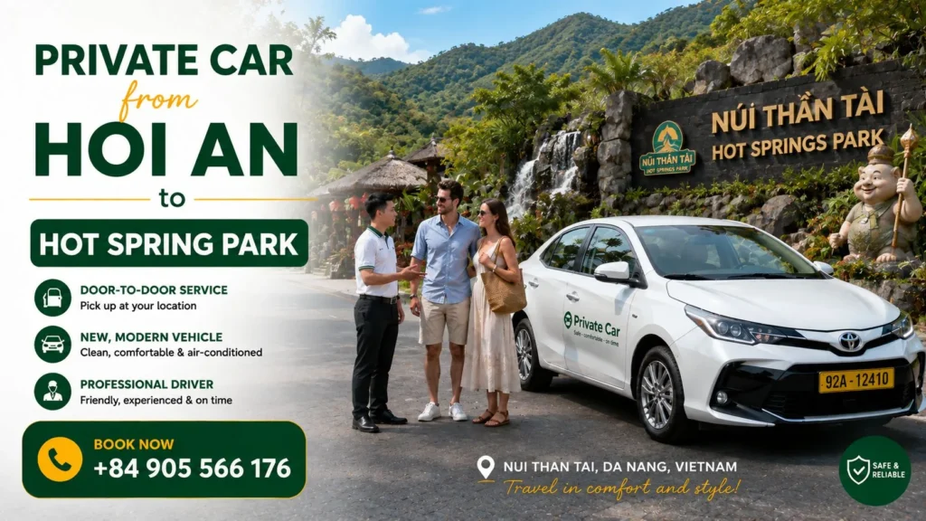 Private Car from Hoi An to Hot Spring Park 3 Visitors exploring Than Tai Hot Springs Park with a local guide