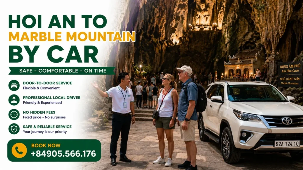 Private Car from Hoi An to Marble Mountain with tourists at the entrance of Am Phu Cave