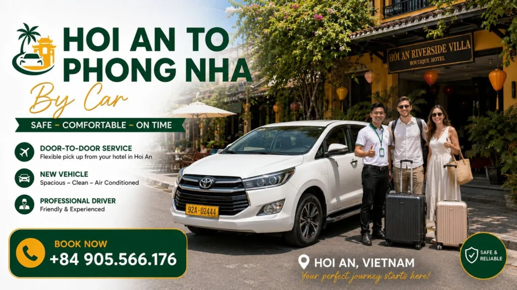 Driver picking up guests at a hotel in Hoi An for a private car transfer to Phong Nha