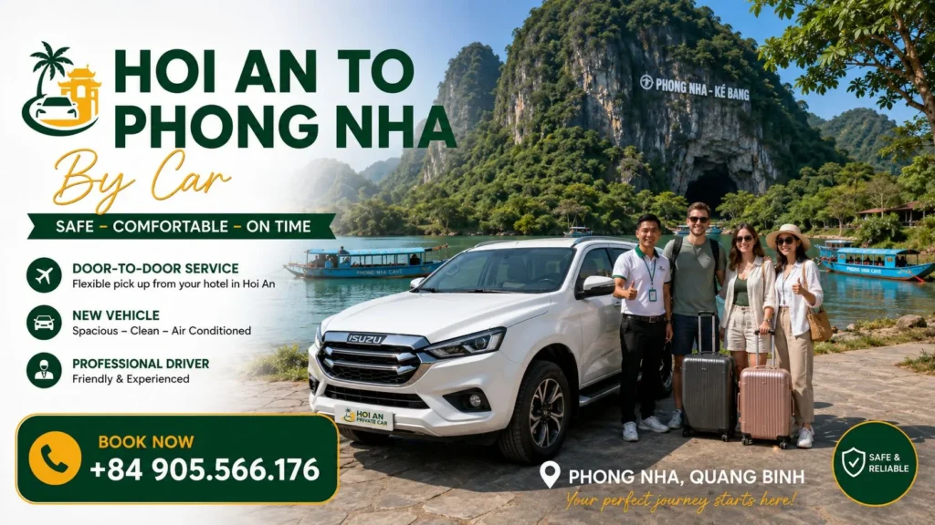 Private Car from Hoi An to Phong Nha with professional driver and modern vehicle